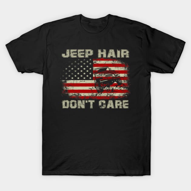 Jeep Hair Don't Care American Flag Jeep Jeeps Lover T-Shirt by Jane Sky